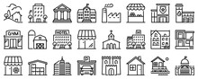 Line Icons About Buildings On Transparent Background With Editable Stroke.