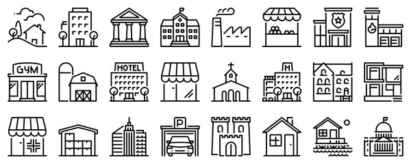 line icons about buildings on transparent background with editable stroke.
