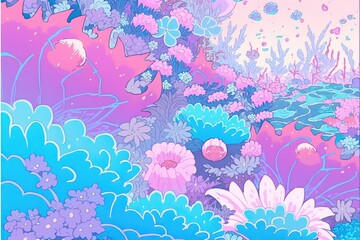 Wall Mural - Fantasy glowing pink and blue blue flowers background. Generative AI fairy tale landscape illustration