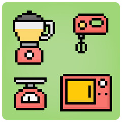 Wall Mural - 8 bit pixel cooking ware in vector illustrations for game assets. Kitchen tools item pixel