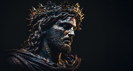 Jesus Christ wearing crown of thorns Passion and Resurection. Easter card, Good Friday. Generative AI