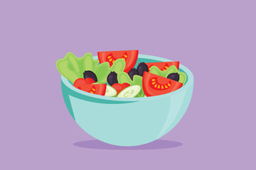 Wall Mural - Graphic flat design drawing stylized vegetables salad on bowl logo label flyer sticker symbol. Healthy food restaurant concept for cafe, shop, food delivery service. Cartoon style vector illustration