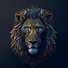 magical lion with gold patterns symmetrical face  -Generative AI 