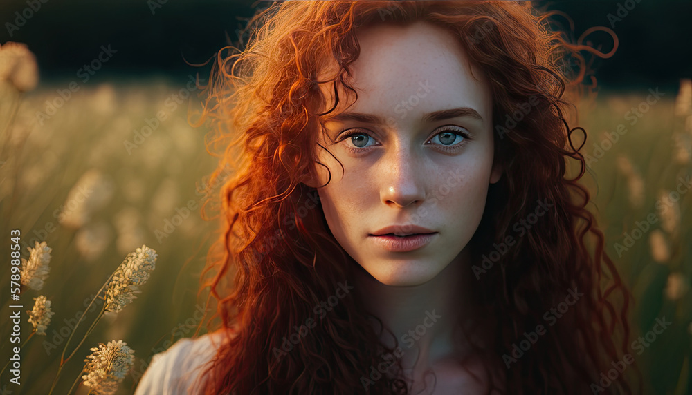 Beautiful woman with long curly hair in the lanscape. Generative AI ...