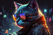 Cat Detective Is Secret Agent With Glasses In Cyberpunk City At Night. Generative AI Illustration