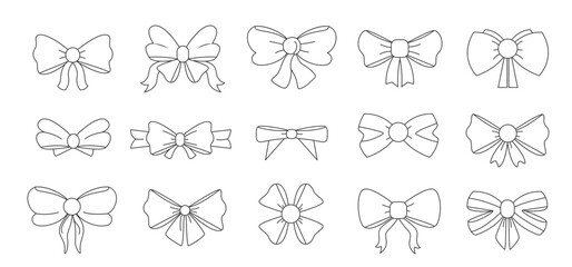 Poster - bows line symbols. doodle gift bowknots with ribbons different shapes, decorative elements for prese