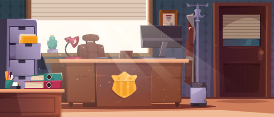 Detective office interior. Investigator cabinet room with clue evidence board, police department station inspector workplace flat style. Vector illustration