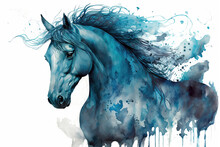 Blue Horse In Aquarelle Style, Ai Generated