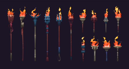 Wall Mural - cartoon burning torch. sprite animation frame collection of medieval burning fire fire blaze sequenc