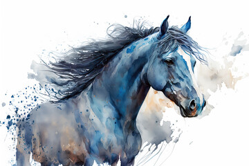 Wall Mural - blue horse in aquarelle style, ai generated