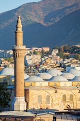 Minaret of Ulu Camii, historical mosque built by Bayezid I between 1396-1400. Famouse landmark in Bursa, Turkey. Religion and history concept