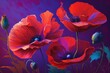Anzac Day celebrations. Red Poppy flowers on purple background. Ai generated digital design.