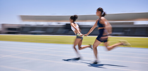 Sticker - Speed race, relay and woman running in marathon competition, sports event or high energy track sprint. Action, moving and teamwork of fast athlete, runner or women cardio training for France olympics