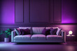 Beautiful, stylish and modern purple living room with modern sofa and ornaments on the wall. Generative ai illustration