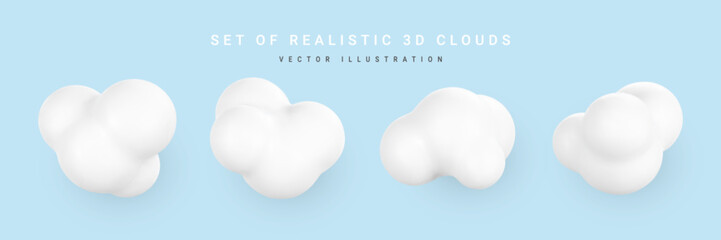Wall Mural - 3d plastic clouds. set of round cartoon fluffy clouds isolated on a blue background. vector illustra