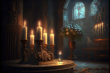 ilustración de un altar de una iglesia con velas y en fondo una luz de una vidriera. generative ai
