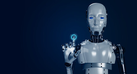 Poster - 3d rendering smart robot touching finger with glowing on virtual digital button on empty screen on dark blue background with copy space. Ai robotic, artificial intelligence human cyborg machine.