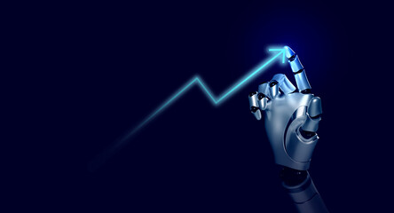 Aufkleber - 3d rendering smart robot's hand draws rising futuristic arrow on blue background. Ai robotic, finger pointing on glow arrowhead. Business growth and success concept. Increase business opportunities.