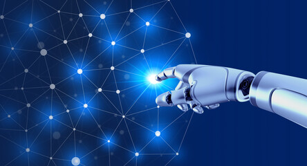 Wall Mural - 3d rendering humanoid robot's hand touch on digital world, circle polygon network, big data on blue space background. Futuristic AI system develops, artificial intelligence service technology concept.
