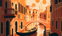 Postcard, Poster, Venice Background. Illustration Inspired By Postcards And Posters From The 70s, Italy. Travel, Vacantions. Creatred With AI