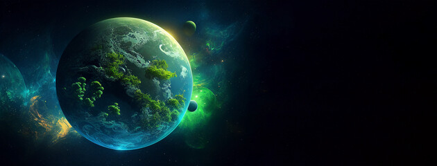fictional planet in space, new world concept, new earth, banner illustration with copy space. genera