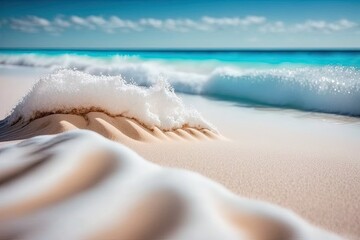 Wall Mural - Close up white beach sand with blurred sea waves and sky background. Generative AI illustration.