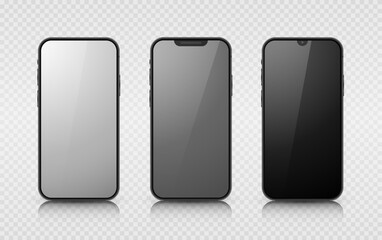 Fototapete - A set of three smartphones on a transparent background. Realistic 3D models of mobile phones with shadows and highlights. Front view. Vector illustration.