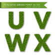 Grass letters U, V, W, X set alphabet 3D design. Capital letter text. Green font isolated white background, shadow. Symbol eco nature environment, save the planet. Detailed meadow Vector illustration