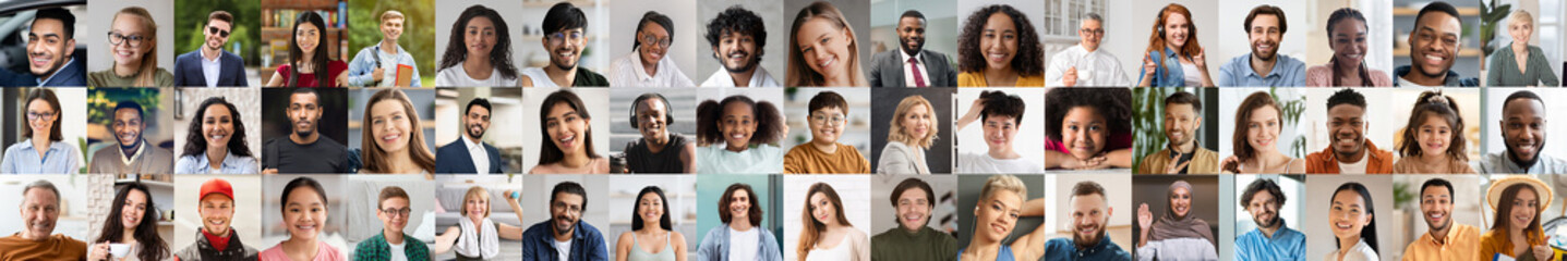 Sticker - International group of people posing on various backgrounds, web-banner