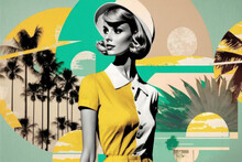 Young Fashion Woman Wearing 60s Retro Style Dress, Sunglasses And Hat. Summer Travel Themes Collage. Generative AI