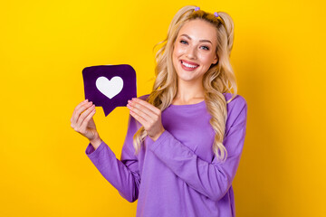 Sticker - Photo portrait of pretty young girl hold heart icon notification symbol dressed stylish violet clothes isolated on yellow color background