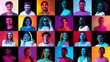 © Lustre Art Group  - Emotions and facial expressions. Collage of ethnically diverse people expressing different emotions over multicolored background in neon light.