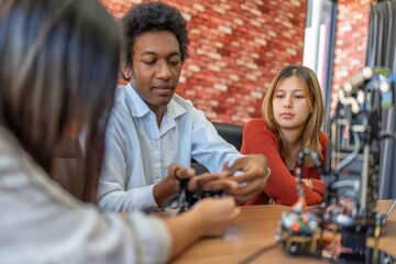 Teenager children learning with new innovation robotic hand interface hand control in classroom