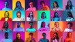 Emotions and facial expressions. Collage of ethnically diverse people expressing different emotions over multicolored background in neon light.