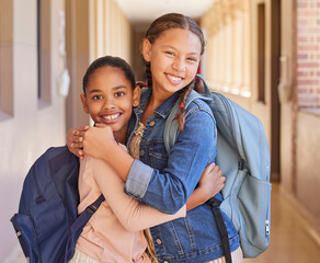 Aufkleber - Children, school and backpack on happy students or friends excited about learning, education and making friends. Portrait of girl kids together diversity, knowledge and development in hallway