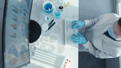 Wall Mural - A female researcher sits at a workplace in a laboratory, behind a personal computer monitor. Against the background research statistics. Pharmaceutical medical worker in protection works at keyboard.