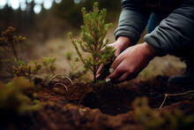 Planting Young Trees In New Forest. Ecology Activity Concept. Generative AI