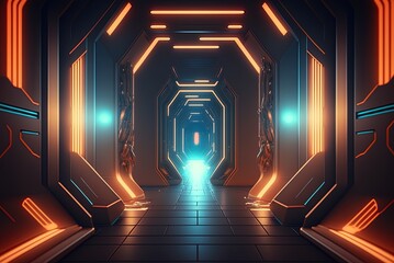Wall Mural - view from the entrance of a futuristic hallway in a spacecraft laser pointers and neon arrows illustrative backdrops Generative AI