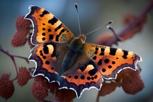 Focusing In On The Details Of A Comma Butterfly, A Species That Hibernates During The Winter And Quickly Returns Each Spring. Generative AI