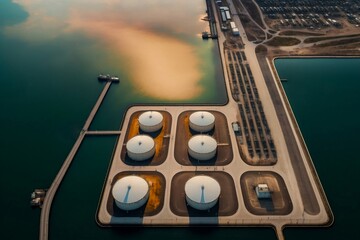 An aerial view of the petrochemical storage tank farm. Oil and gas terminal in the early morning hours. Generative AI