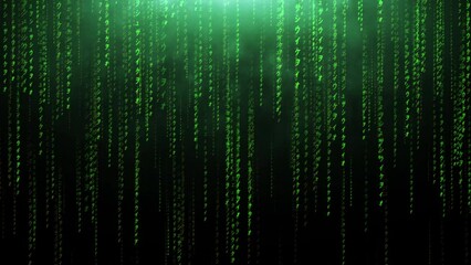 Green Raining code matrix particle digital motion light luminance illustration night background, artistic space technology speed matrix magic effect background animation