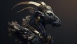 The anthropomorphic goat with golden horns creature in human clothes wallpaper. Realistic background with the humanoid-like animal creature, generative ai. 