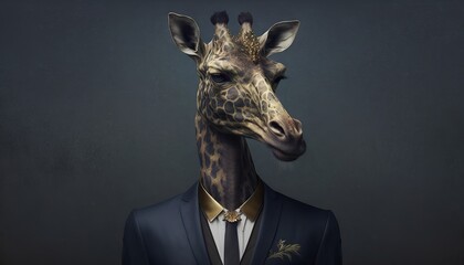 The anthropomorphic giraffe in a blue classical suit with a blue tie. Wild animal in human clothes, wallpaper. Realistic background with the humanoid-like animal creature, generative ai. 
