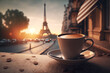 Delicious coffee on blurred background of Paris cozy street and Eiffel tower. Generative AI