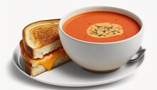 A Bowl Of Tomato Soup With Grilled Cheese Sandwich On White Background With Copy Space For Your Text Created With Generative AI Technology