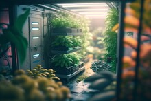 Experience The Futuristic Beauty Of A Bionic Farm: Hyper-Detailed Vertical Agriculture And Hydroponics Enhanced By Bokeh And Unreal Engine 5's Ultra-Wide Angle, Depth Of Field, Generative AI