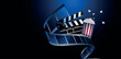 concetto spettacolo, cinema, ciak con pellicola cinema e pop corn, su sfondo blu