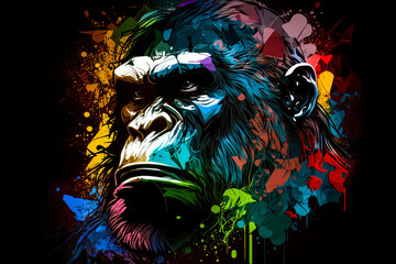 vibrant, colorful digital artwork of a gorilla's face on a black background.