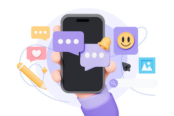 Poster - 3d hand holding mobile phone with social media communication. smartphone with speech bubble messages
