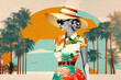 Fashion woman wearing 60s retro style summer dress, sunglasses and hat. Travel themes collage. Generative AI